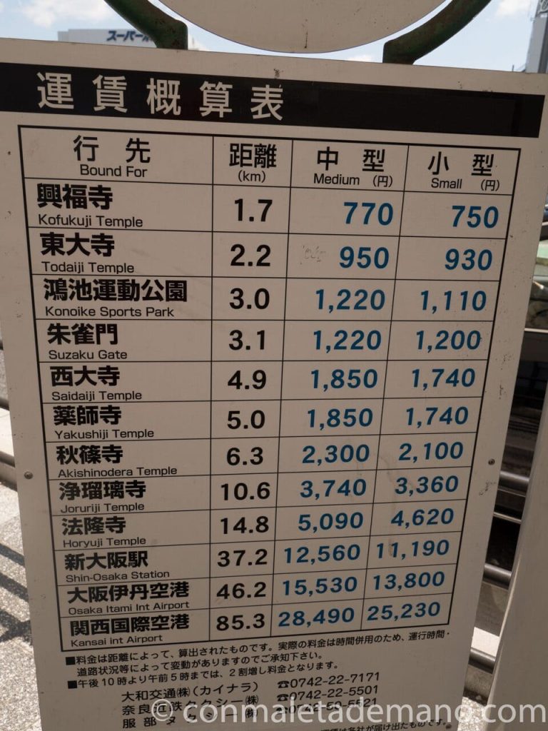 Precios de taxi desde la estación JR a los templos más famosos de Nara
